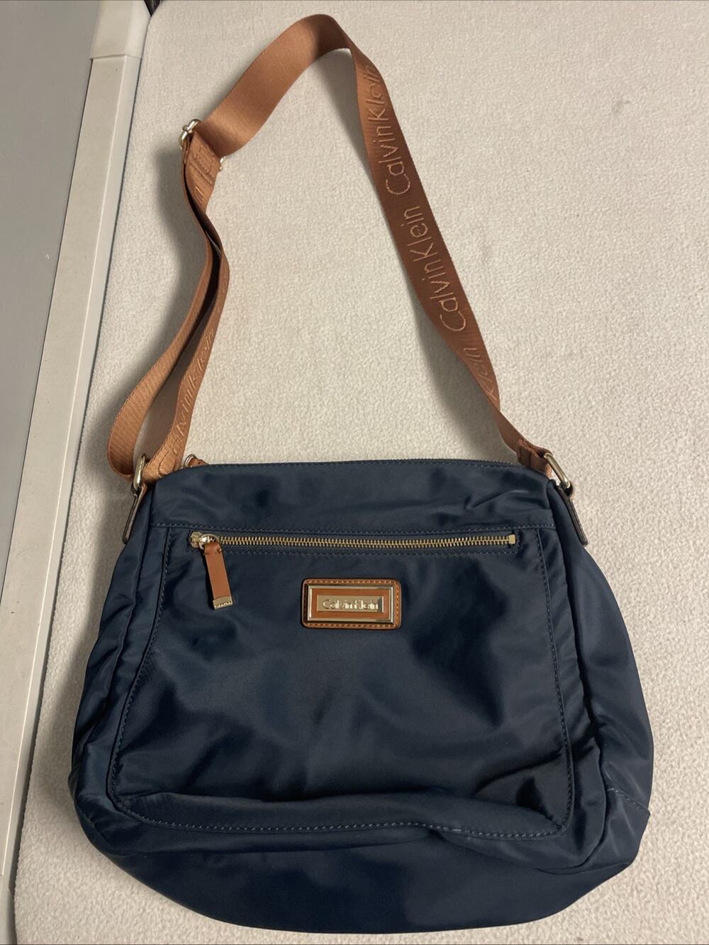 Calvin Klein Belfast Nylon Messenger Crossbody Bag Blue Brown Logo Strap Zip